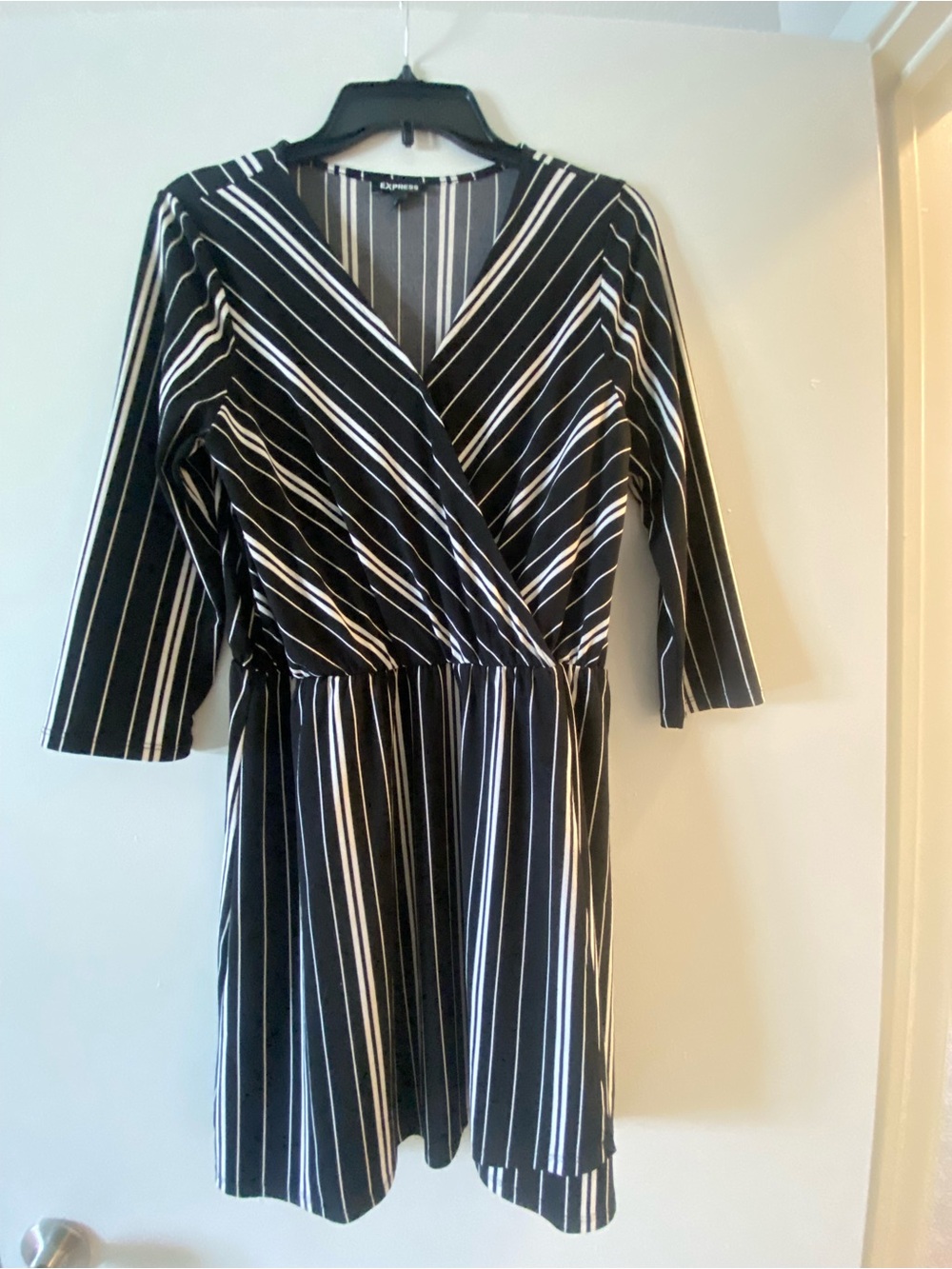 Express Black and White Striped Faux-Wrap Mini Dress